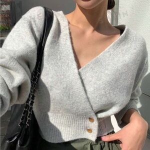 Button front cropped wrap sweater